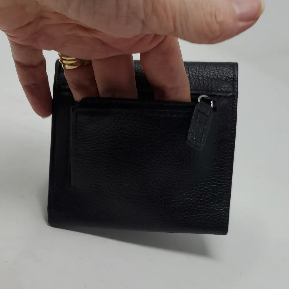 Black Leather Tri-fold Wallet With Cross Embrossed On Front